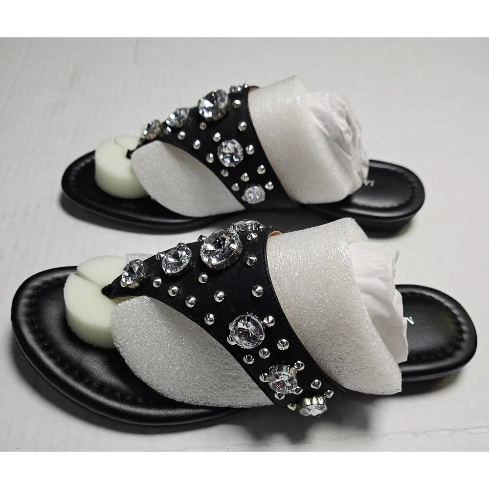 Marc Fisher‎ Womens Black Crystal Studded Thong Sandals Flat Slide Shoes 5.5M